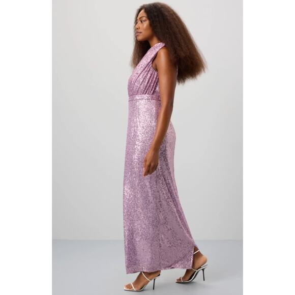 Ieena for Mac Duggal Sequined Ruched One Shoulder Gown in Purple - Picture 2 of 9